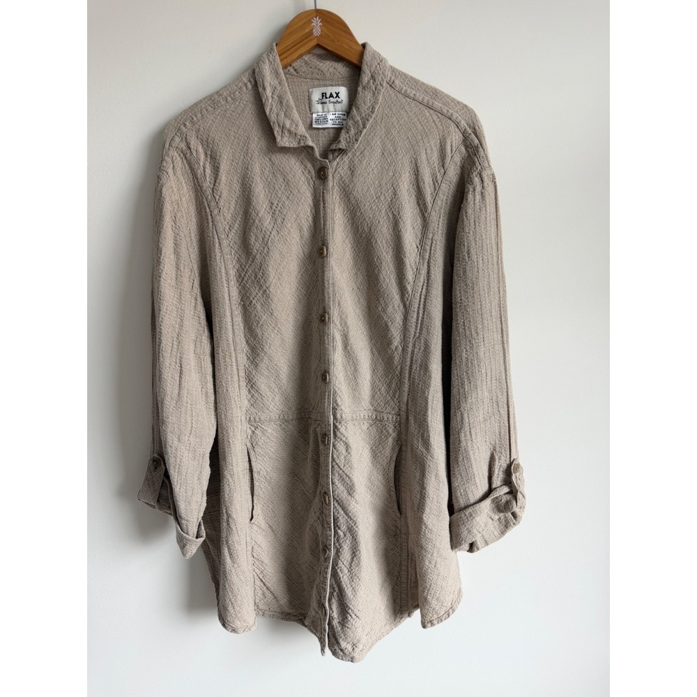FLAX Women Textured Linen Button Top Medium Beige Lagenlook Minimalist Boho
